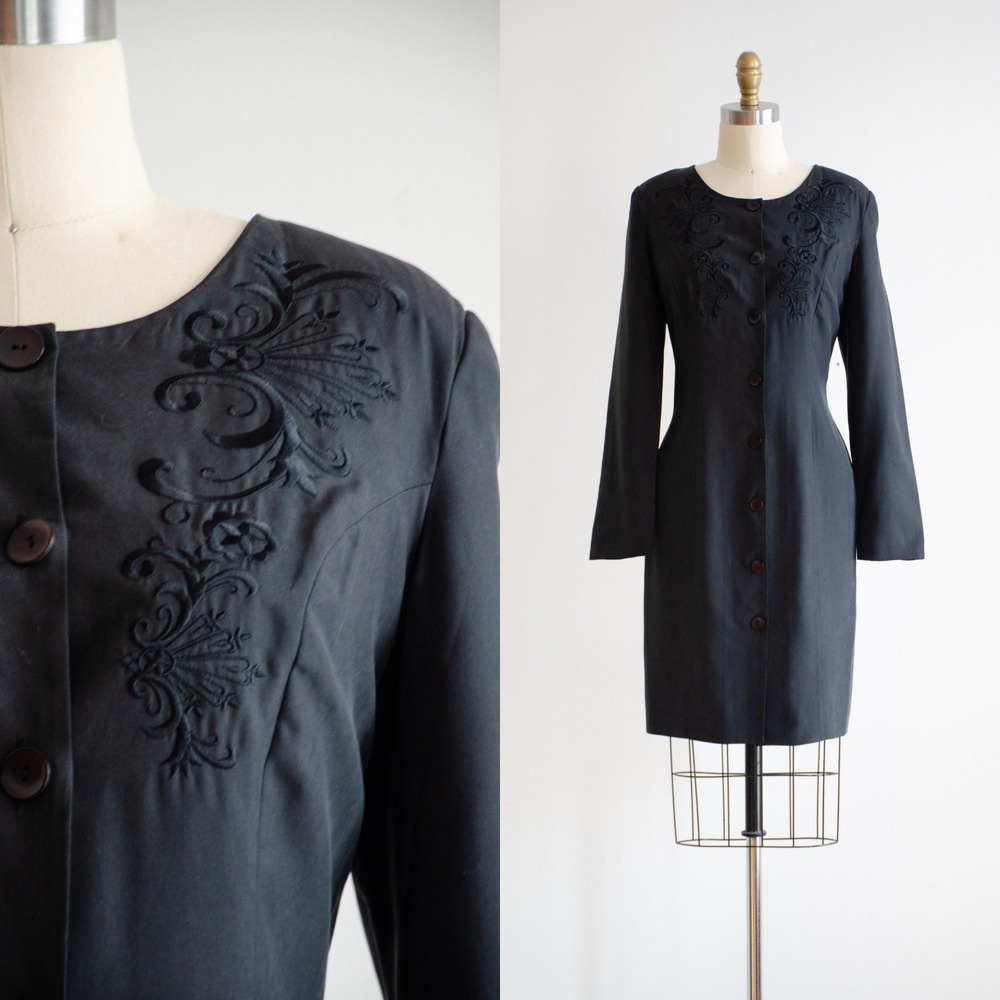 Ellen Ashley Silk Dress Vintage 90s Embroidered Mini 4 Black Long Sleeve Button